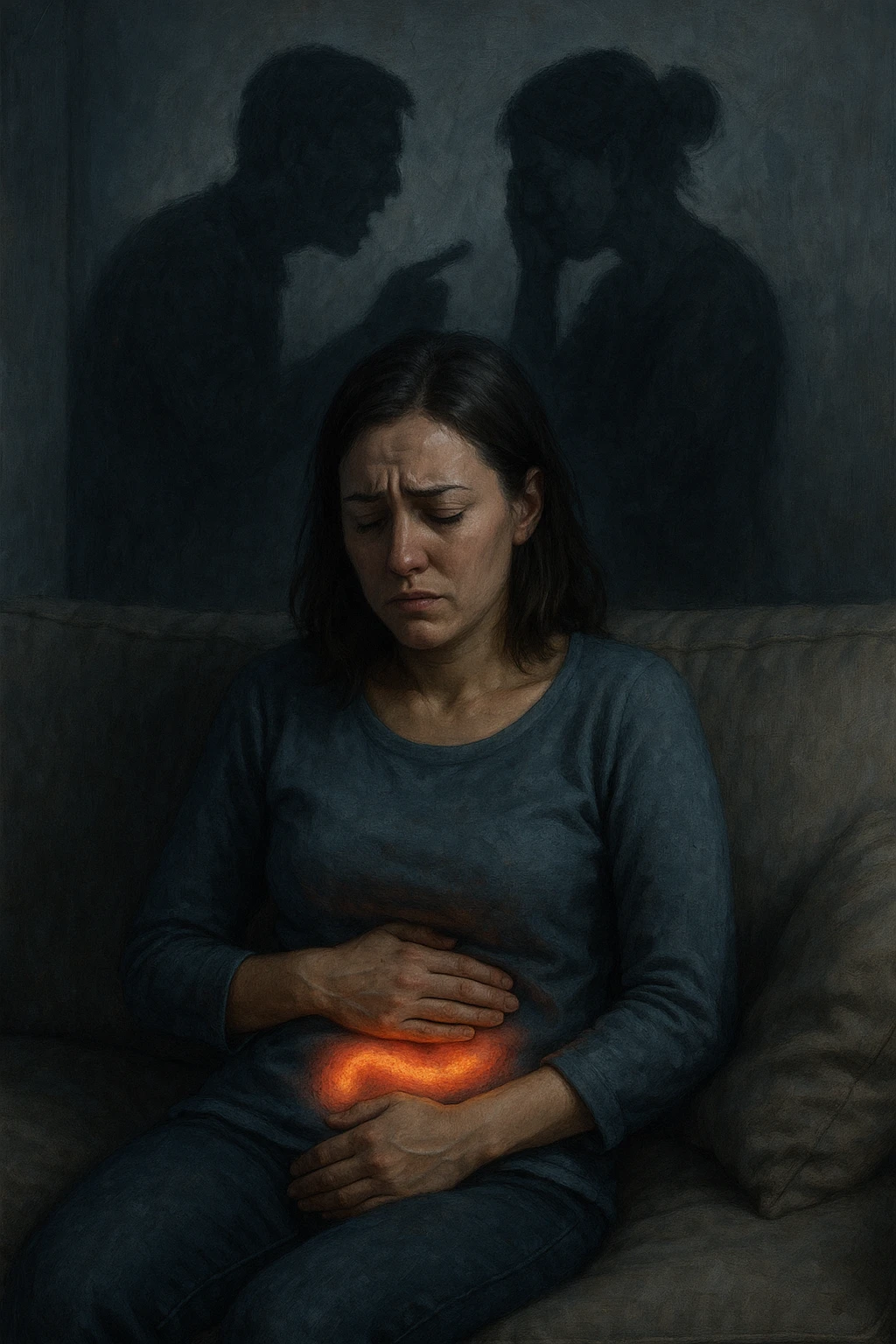 Donna sui 30 anni seduta su un divano, con una mano sull’addome e un'espressione visibilmente provata e triste. Intorno a lei, l’atmosfera è opaca e pesante, con toni freddi. Un’ombra simbolica dietro di lei rappresenta un evento stressante recente (es. un litigio o una perdita). Sul corpo, un lieve bagliore localizzato nella zona intestinale, a simboleggiare il dolore e l'infiammazione. Ambiente domestico, luci basse, emozione visibile. Stile realistico o metaforico con elementi emozionali e viscerali. emoji