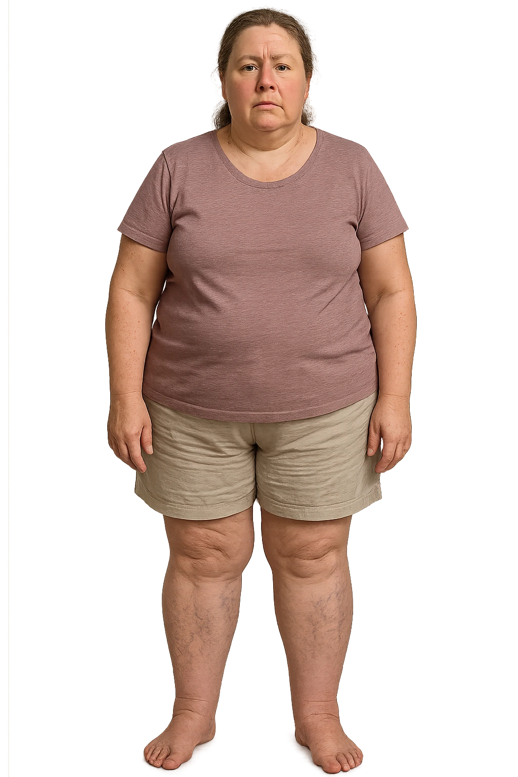 donna realistica leggermente in sovrappeso con vene visibili sulle gambe e gambe gonfie, iperrealistica 4k, IPERREALISTICA 4K emoji