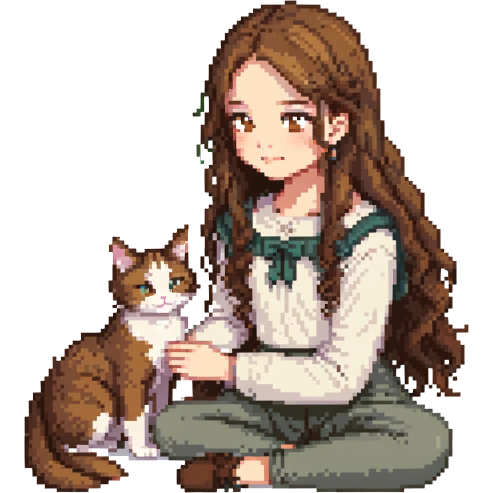 a girl with long wavy brown hair and brown eyes petting a cat, pixel art style emoji