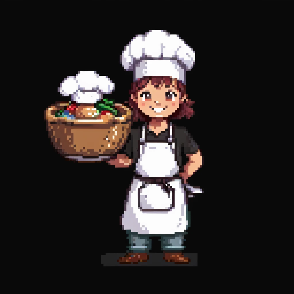 Portrait of a smiling baker wearing a chef hat and a clean apron, holding a large mixing bowl, skeuomorphism style emoji