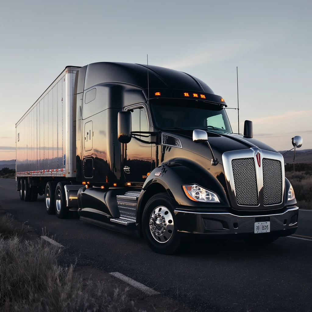 photorealistic black Kenworth T680 Flat Top semi sleeper truck, 2026 model, with chrome stacks, side view, no background emoji