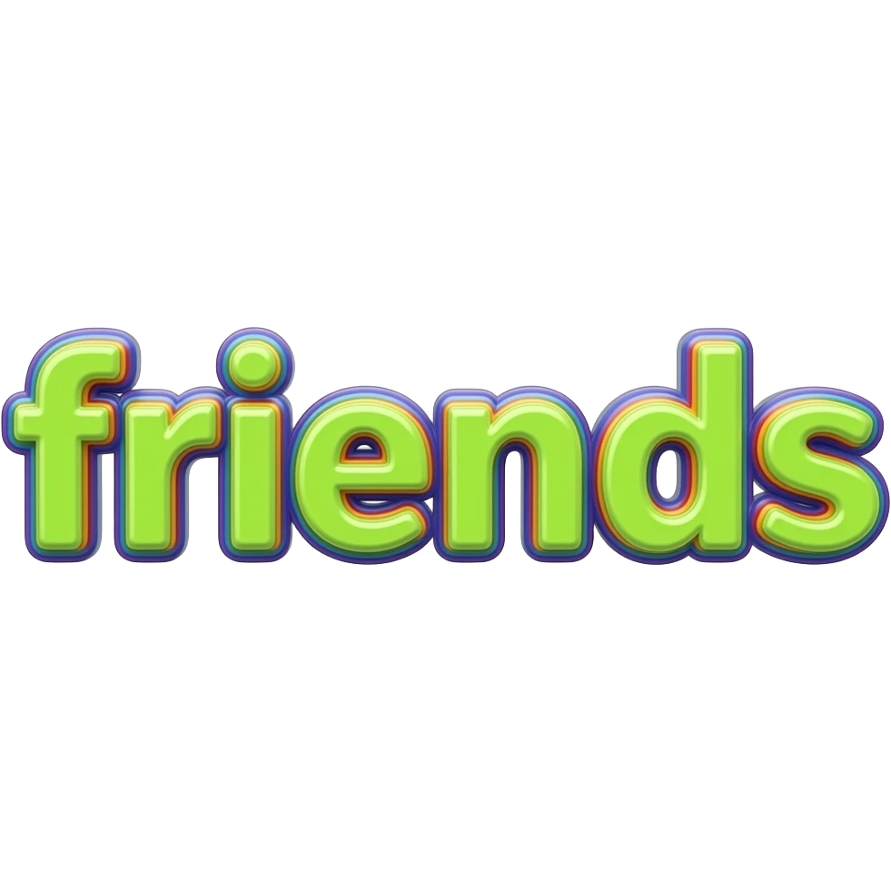 name "friends" in neon lime green, 3D style typography lettering, each color of the rainbow as a border outlined around each letter, isolated, 3d rendering, no emoji icons no emoji faces and must have no human figures emoji