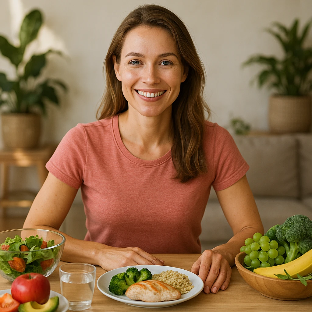 hyper realistic woman following a strategic and balanced diet, improving her quality of life, healthy and happy appearance, positive atmosphere, realistic details, sitting at a table with healthy food emoji