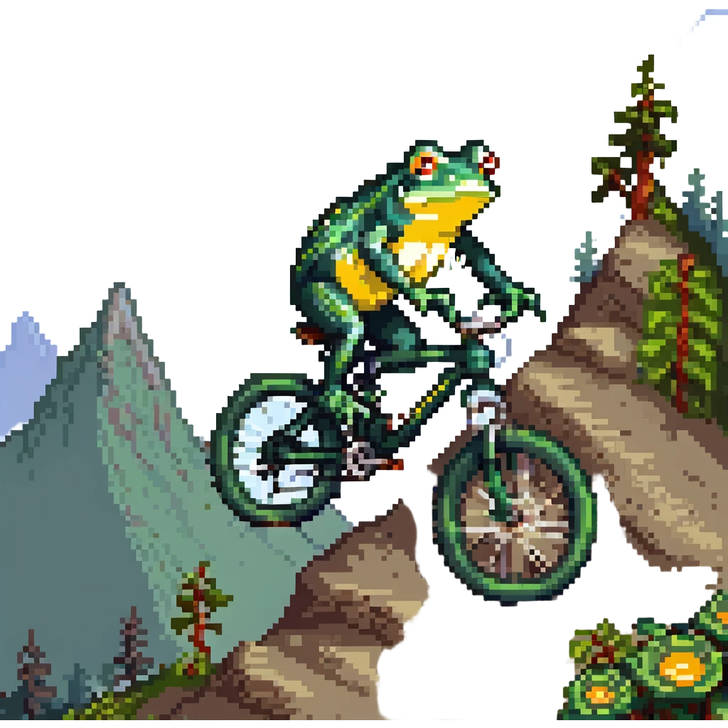 a frog riding a full suspension mountain bike, pixel art style emoji