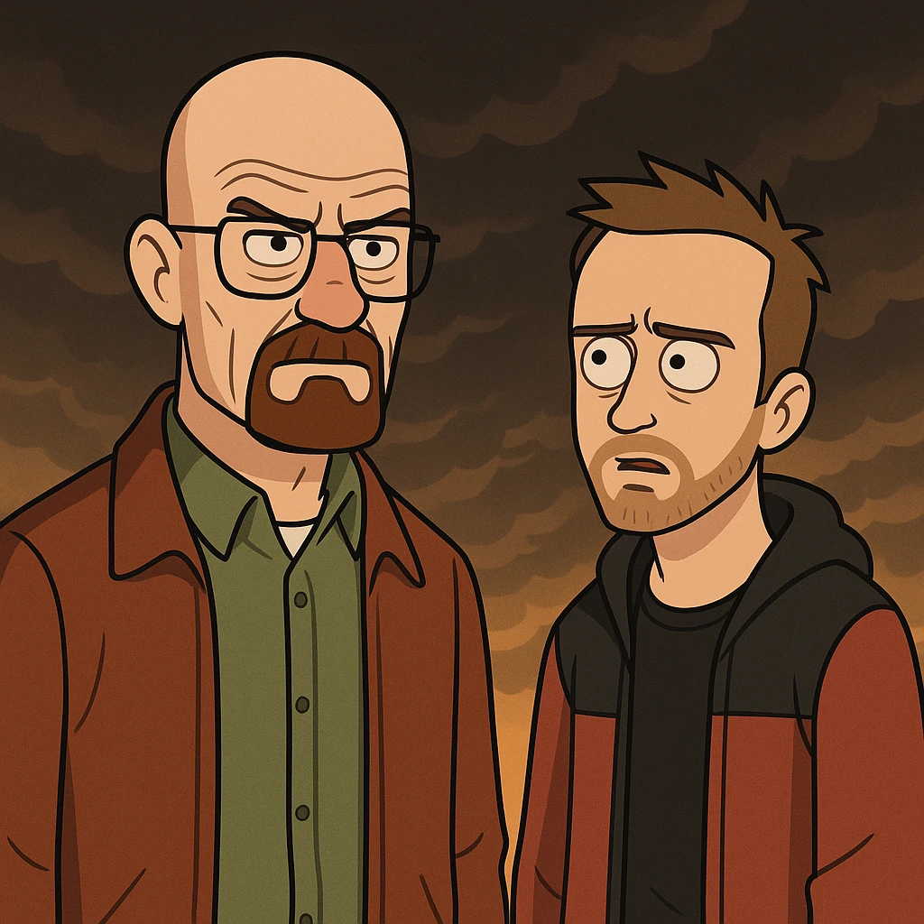 illustration inspired by Breaking Bad, main characters prominently featured, dramatic atmosphere, detailed cartoon style emoji