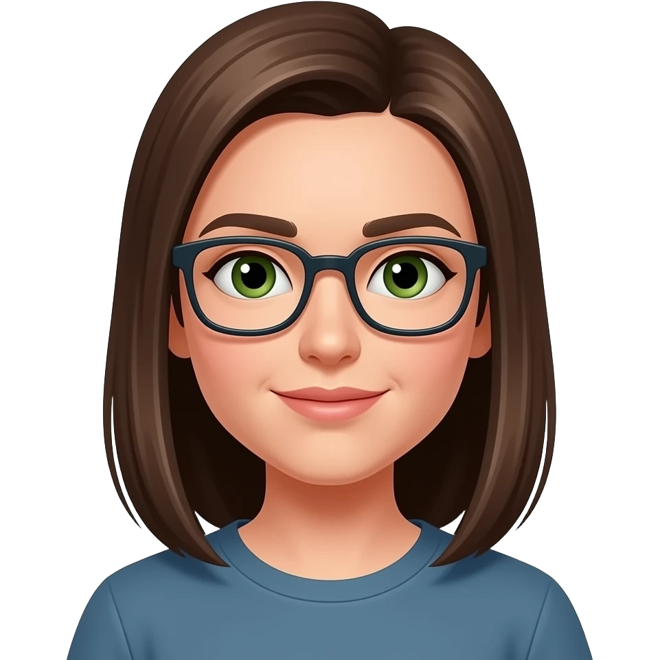 brown straight hair, medium length, glasses, green eyes emoji