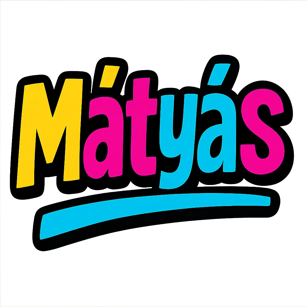 Mátyás name in modern colorful gradient font with dark outline, dynamic slanted or partial underline, transparent background, in the style of reference patterns emoji