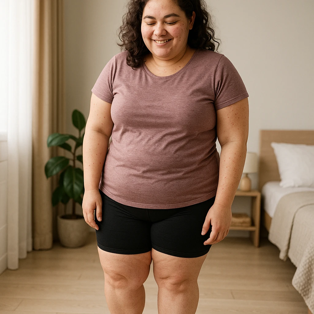 woman with PCOS weighing herself on a digital scale, smiling satisfied, progress atmosphere, realistic details, bathroom or bedroom background emoji