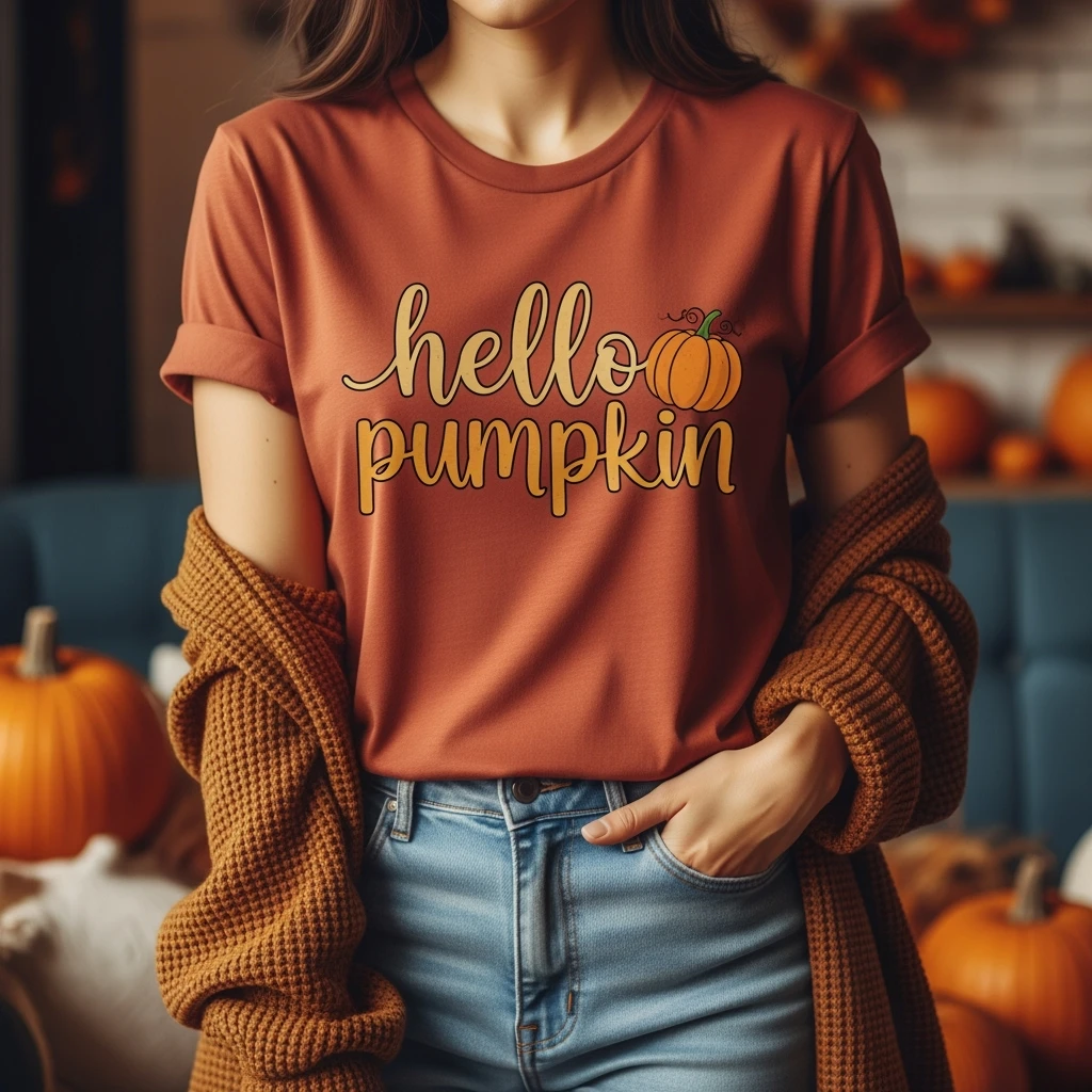 t shirt with print "hello pumpkin" emoji
