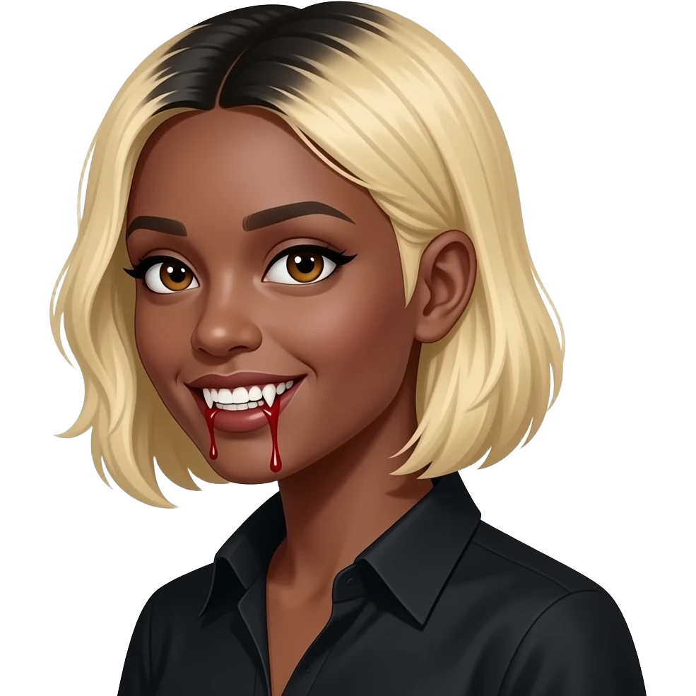 women blond medium short hair face looking to the side with black roots, black skin, brown eyes, black shirt,  dracula teeth with blood on the fangs emoji