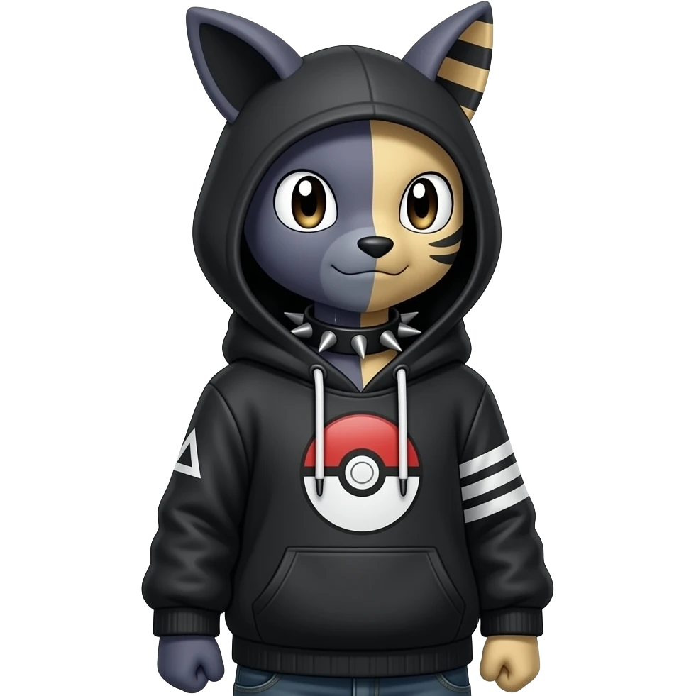 Cool Anthro Dark Absol-Noivern-Quilava-Litten-Pokémon with edgy stripes hoodie spiked collar punk Full Body emoji