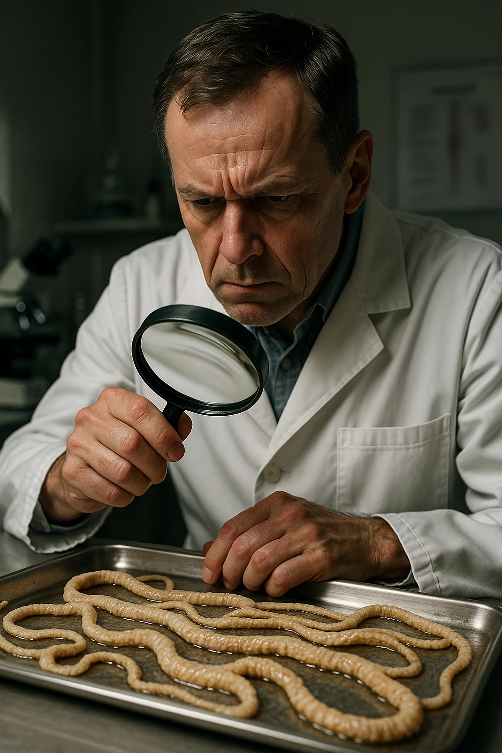A middle-aged male kinesiologist wearing a pristine white lab coat, intensely analyzing long, beige tapeworms (like Taenia) under a magnifying glass. His expression is focused and slightly concerned, with dramatic studio lighting casting sharp shadows. The parasites are highly detailed, moist, and textured, stretched across a sterile metal tray. The background is blurred but suggests a clinical environment—hints of a microscope, medical charts, and clean lab equipment. The style is hyper-realistic, with a cinematic contrast between the bright white coat and the grotesque, organic forms of the parasites. No sci-fi elements, just raw medical realism with a disturbing edge emoji