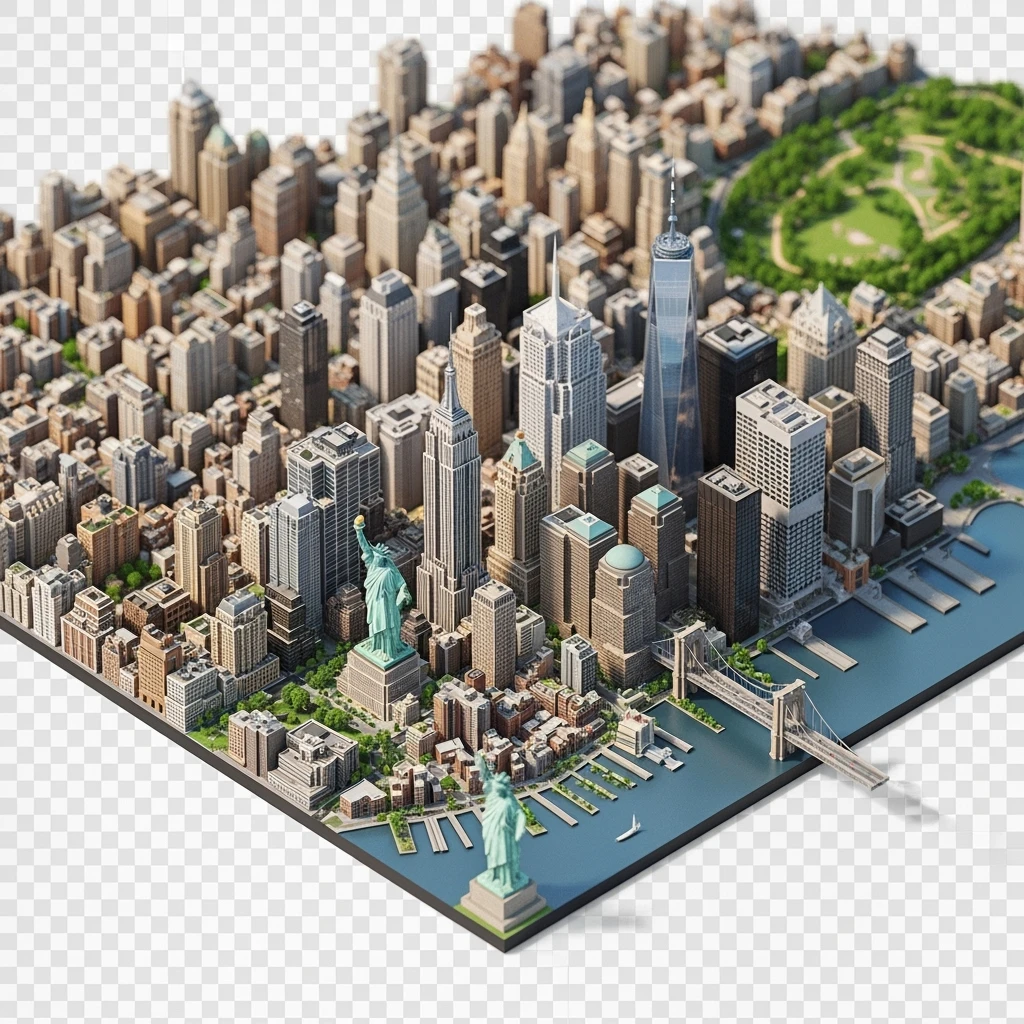 Isometric miniature of New York Сity Empire State Building, One World Trade Center, Statue of Liberty, Brooklyn Bridge, and Central Park chaotic low-rise blocks in outer boroughs 3D miniature effect and Tilt Shift effect, no cartoonish look, transparent background. emoji