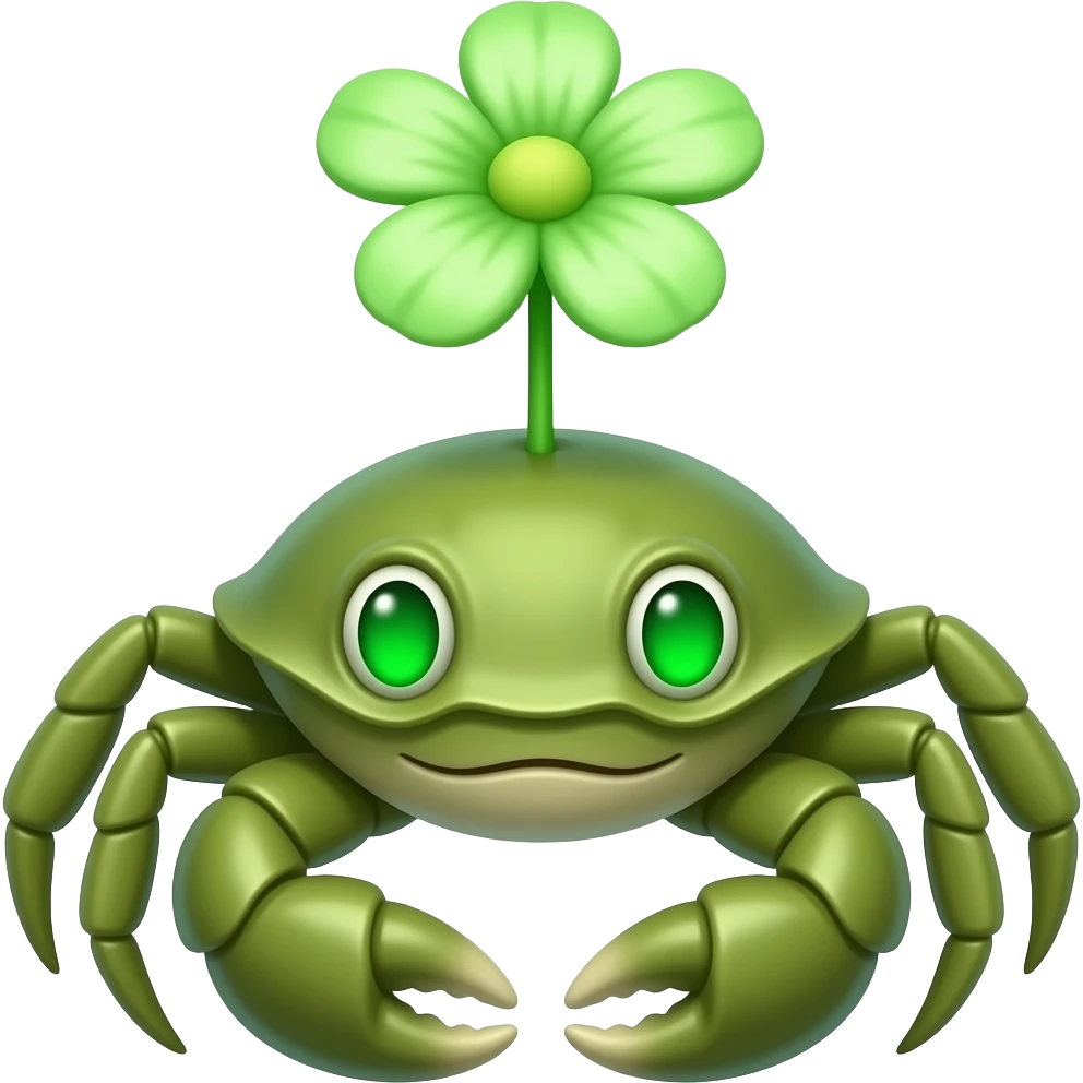 A green crab with a green  flower growing on its back on its back green eyes glowing eyes facing forward emoji