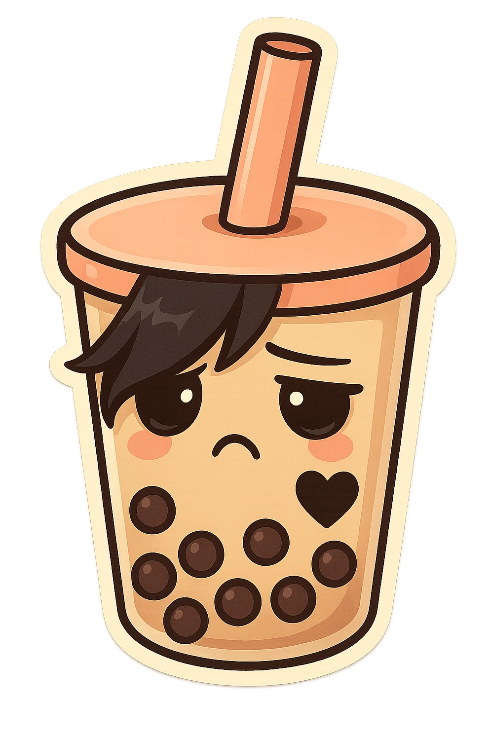 chibi sticker-style bubble tea with an emo face, black heart accent, cute and exaggerated emoji