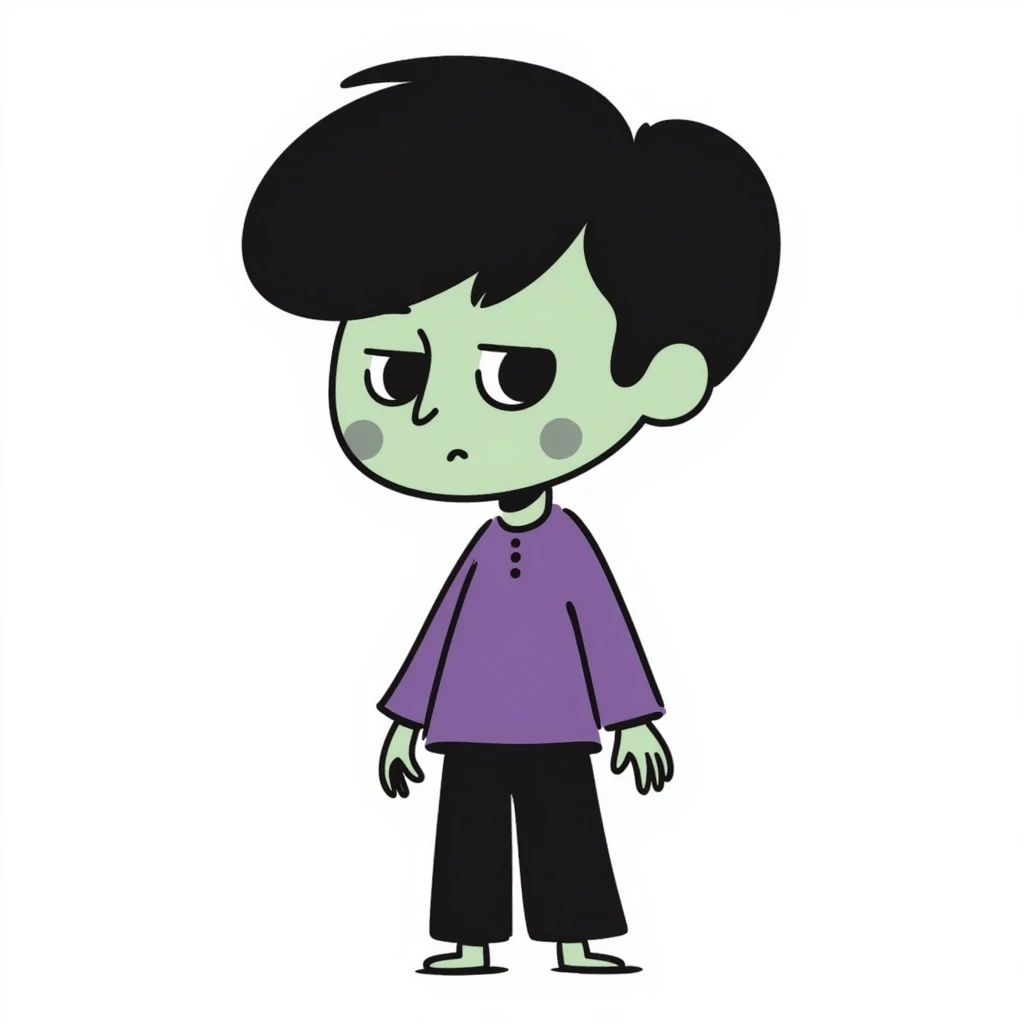 zombie boy with black emo hair and purple shirt, hand-drawn doodle style emoji