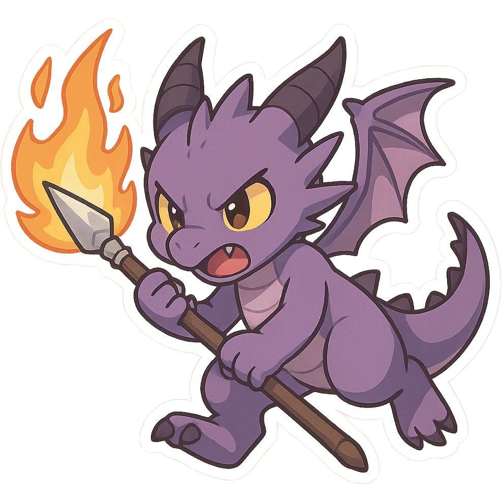 purple chibi anime dragon, gripping a flaming spear, dynamic pose, intense expression emoji