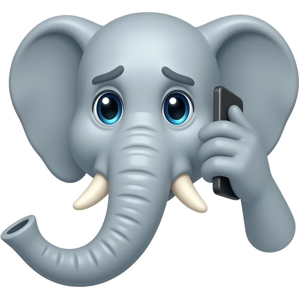 elephant face holding a smartphone on the trunk up in the ear talking on the phone. worried face emoji