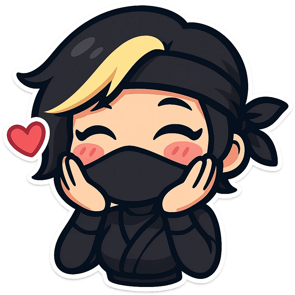 Sexy chibi ninja girl with black short hair and a blonde streak, only head and arms, colorful chibi style with bold outlines, transparent background, no mask, love expression with blushing cheeks and hands on cheeks, sized for Twitch emoji use. emoji