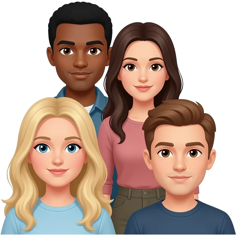 four friends one with one long blonde hair and blue eyes one with dark skin and dart hair and brown eyes one with dark brown hair and brown eyes and one with light brown hair and brown eyes emoji