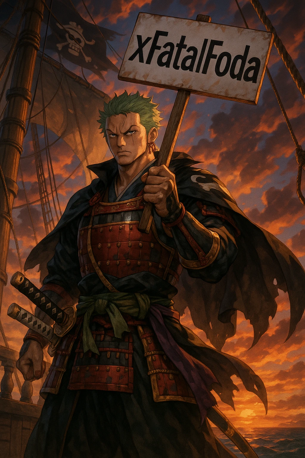 Zoro from One Piece standing on a pirate ship deck at sunset, holding a protest sign with ‘xFatalFoda’, dramatic Wano arc anime illustration, highly detailed emoji