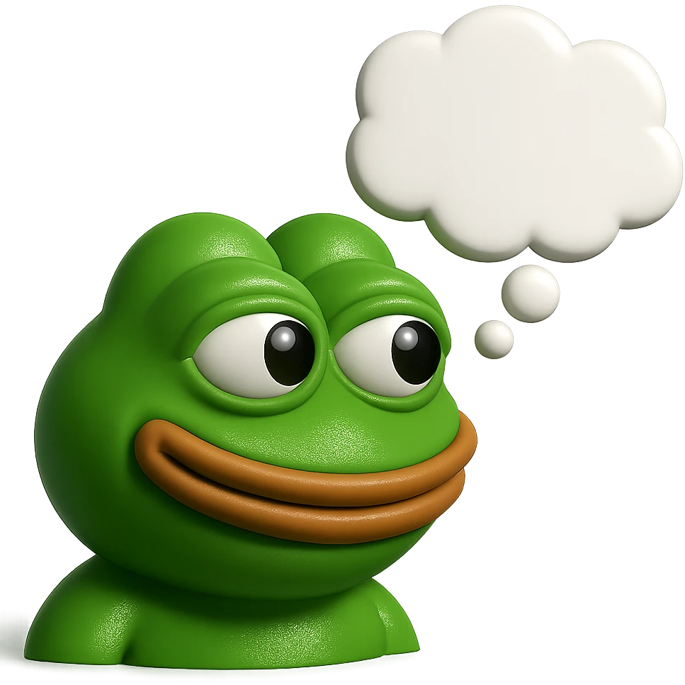 make a pepe in bright green smiling with thought bubble looking at left side in 3d style, good highlights and shadows, drop shadows emoji