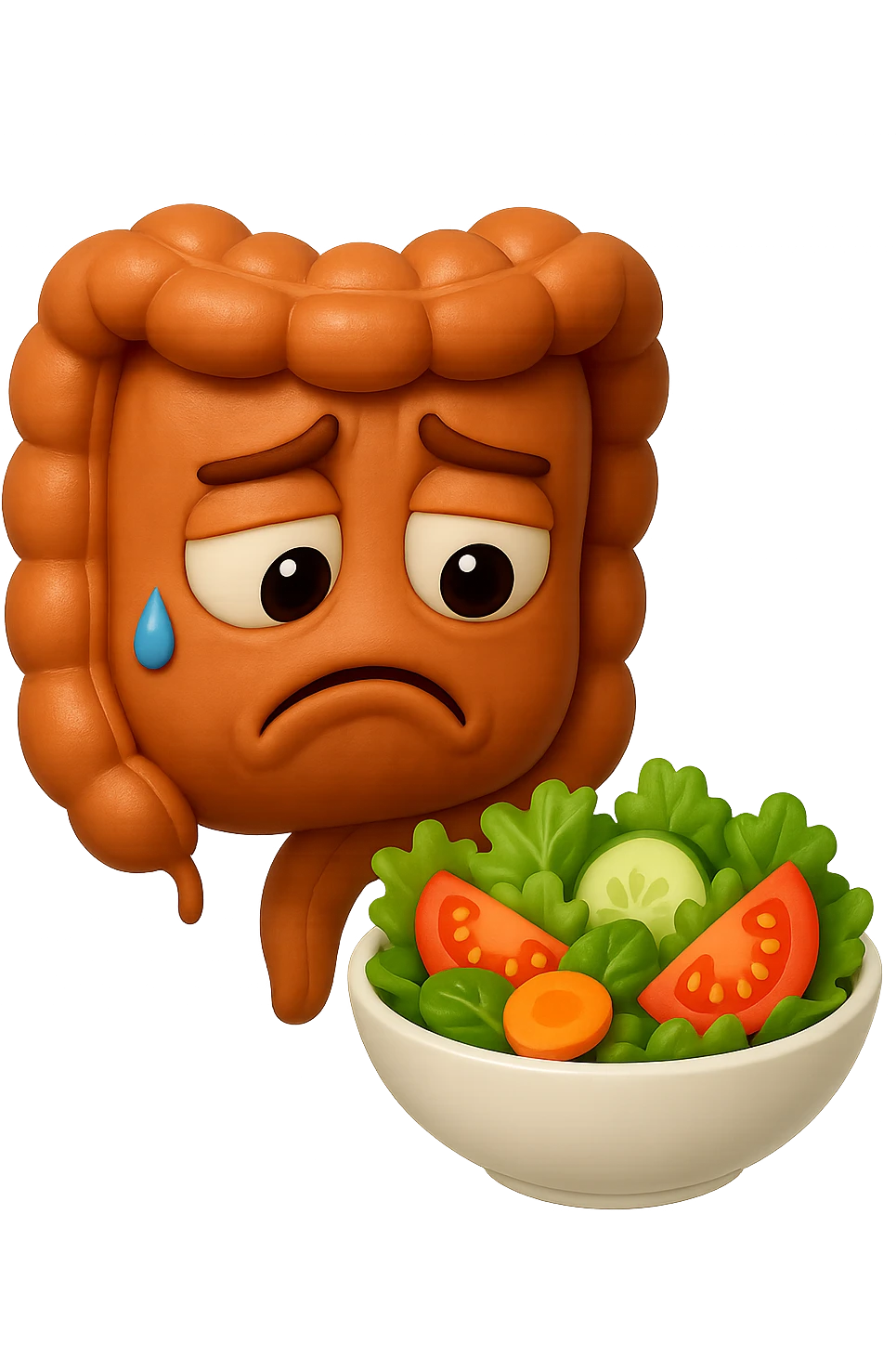 EMOJI STILE IPHONE DI UN INTESTINO UMANO ANATOMICO CHE GUARDA UN INSALATA CON ESPRESSIONE TRISTE E RASSEGNATA IN VOLTO: SOFFRE LA FAME PERCHé è A DIETA, FAGLI ANCHE LA PARTE BIANCA DEGLI OCCHI, NON SOLO LE PUPILLE, IPERREALISTICO 4K emoji