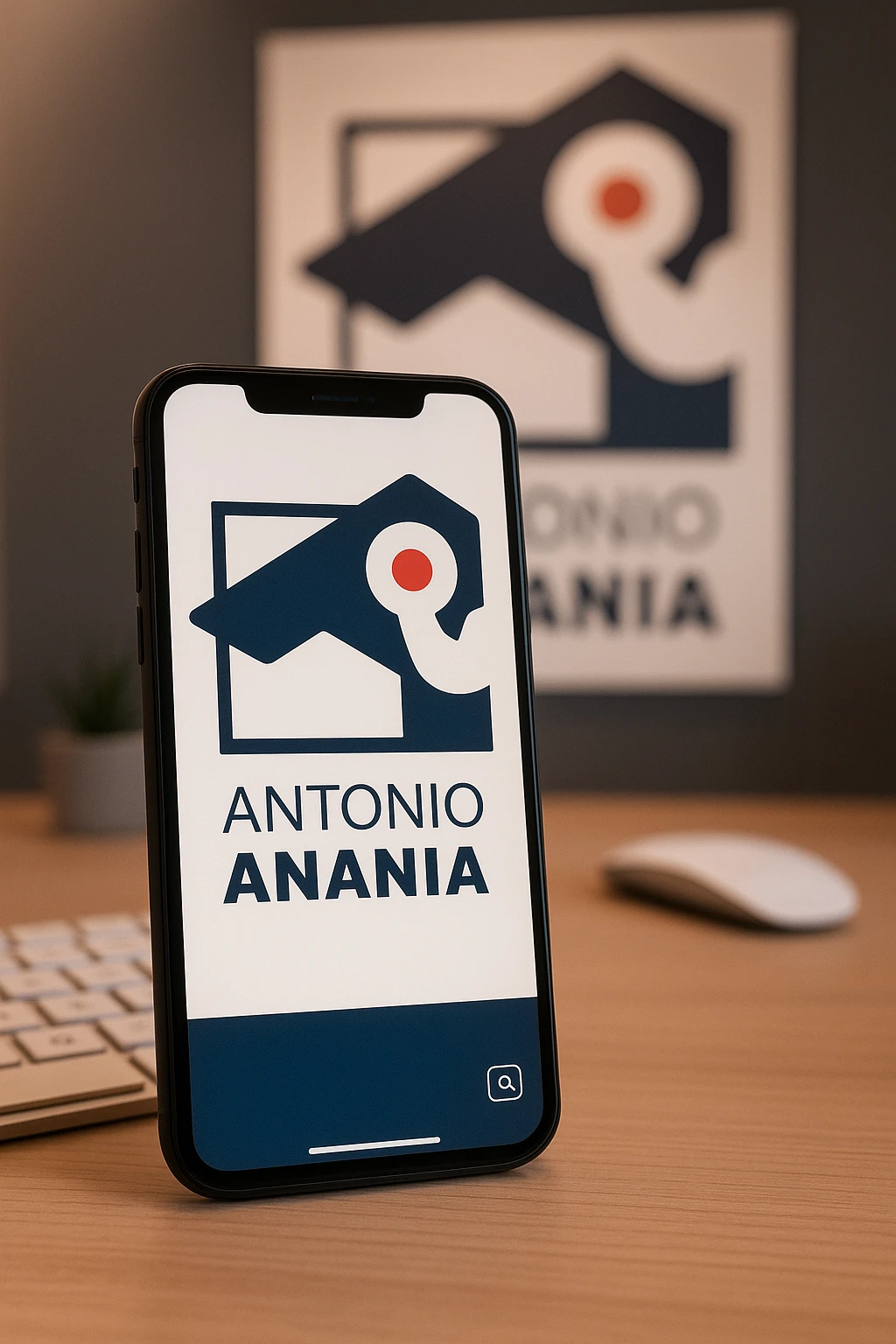 A photo of an iPhone on the desk with the logo of "Antonio Anania" on its screen, The phone sits atop a desk with a blurred with the logo in the background that suggests work environment. A faint glow from above casts gentle shadows across the surface of each object, creating depth and highlighting their textures emoji