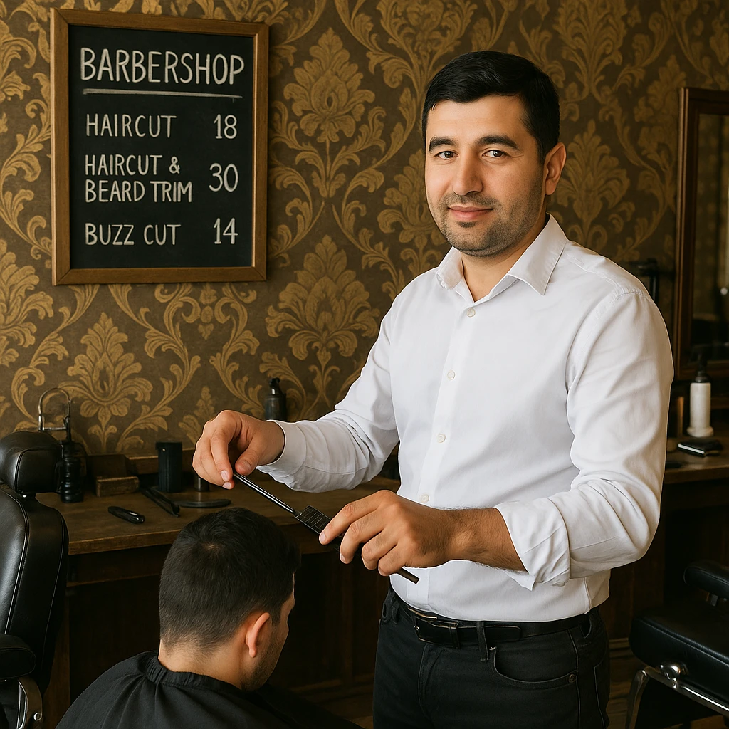 Draw me a picture of a barbershop that looks like this guy working in a barbershop. The barbershop doesn't have to be very modern. It should be on a medium floor. Also draw a blackboard on the wall. It should have the prices for haircuts there. emoji