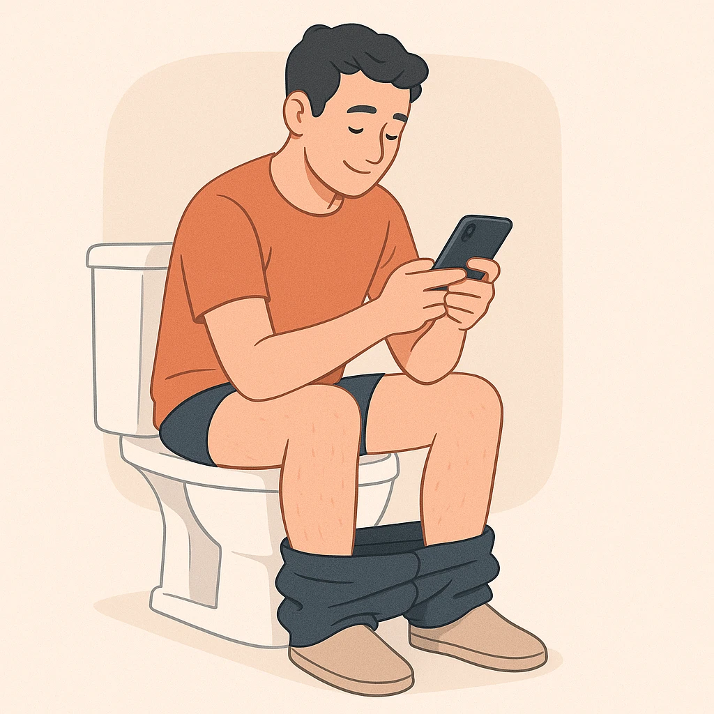 man on toilet, reading phone, relaxed, modern illustration emoji
