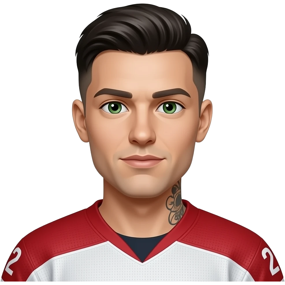 Cheveux noirsYeux vertsLow taper fadePeau pâle (laiteuse)Tatoué1 m 86Hockey player Suisse emoji