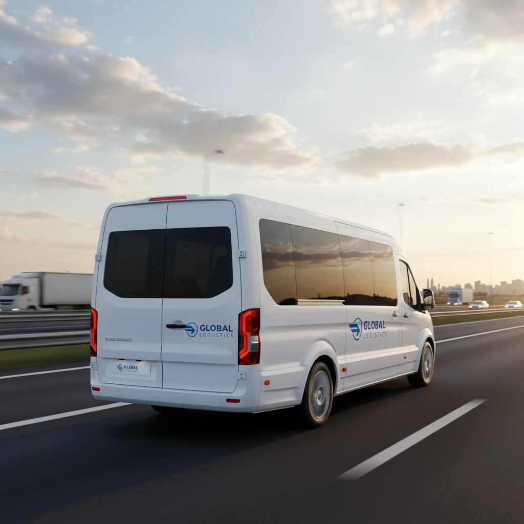 white modern cargo minibus for delivering small cargo. logistics service. the car is driving on the highway. rear side view emoji