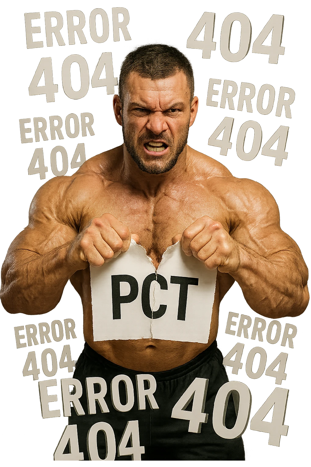 bodybuilder che strappa un foglio con la scritta "PCT" INTORNO A LUI FLUTTUANO LE PAROLE "ERROR 404", IPERREALISTICO 4K emoji