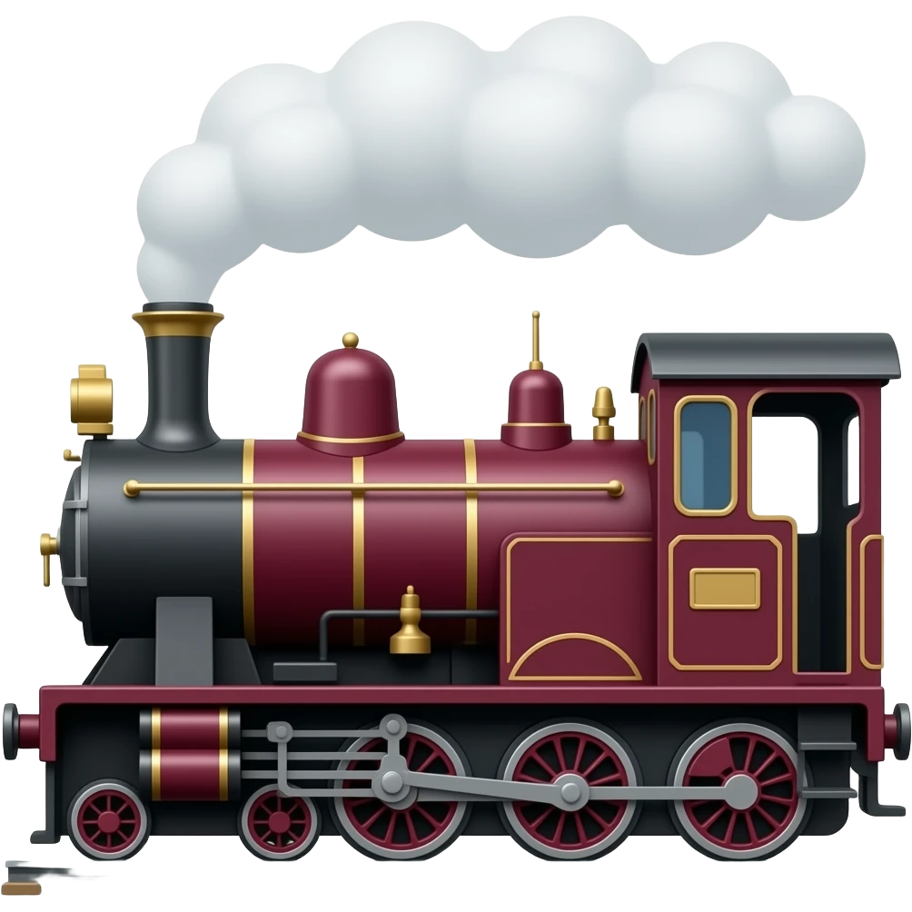 side view of a maroon steam train, classic emoji style emoji