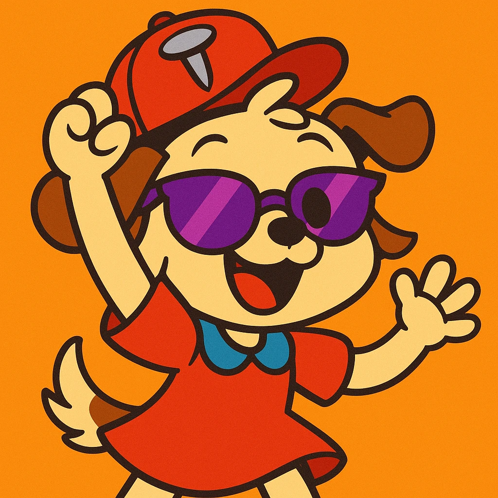 fun and expressive cartoon style puppy girl holding up a nail-themed hat, wearing half purple sunglasses, cheerful and energetic emoji