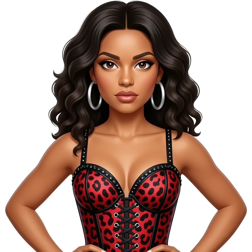 Tate McRae wears a bold red and black leopard-print corset top with sparkling black embellishments. She pairs the look with large silver hoop earrings for a fierce, high-energy stage presence. emoji