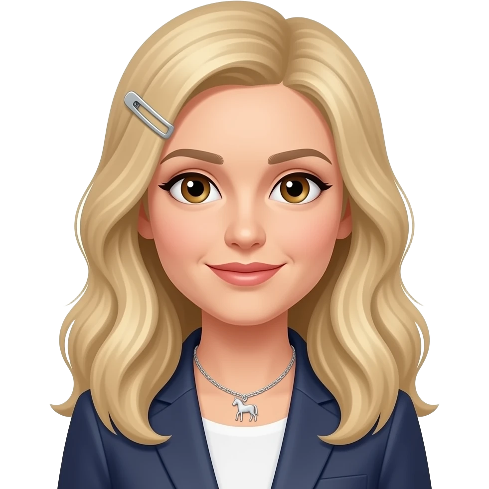 female, blonde hair, very long wavy hair, hazel eyes, mid 30's, silver horse necklace, hair slide in left side, pink accountant emoji