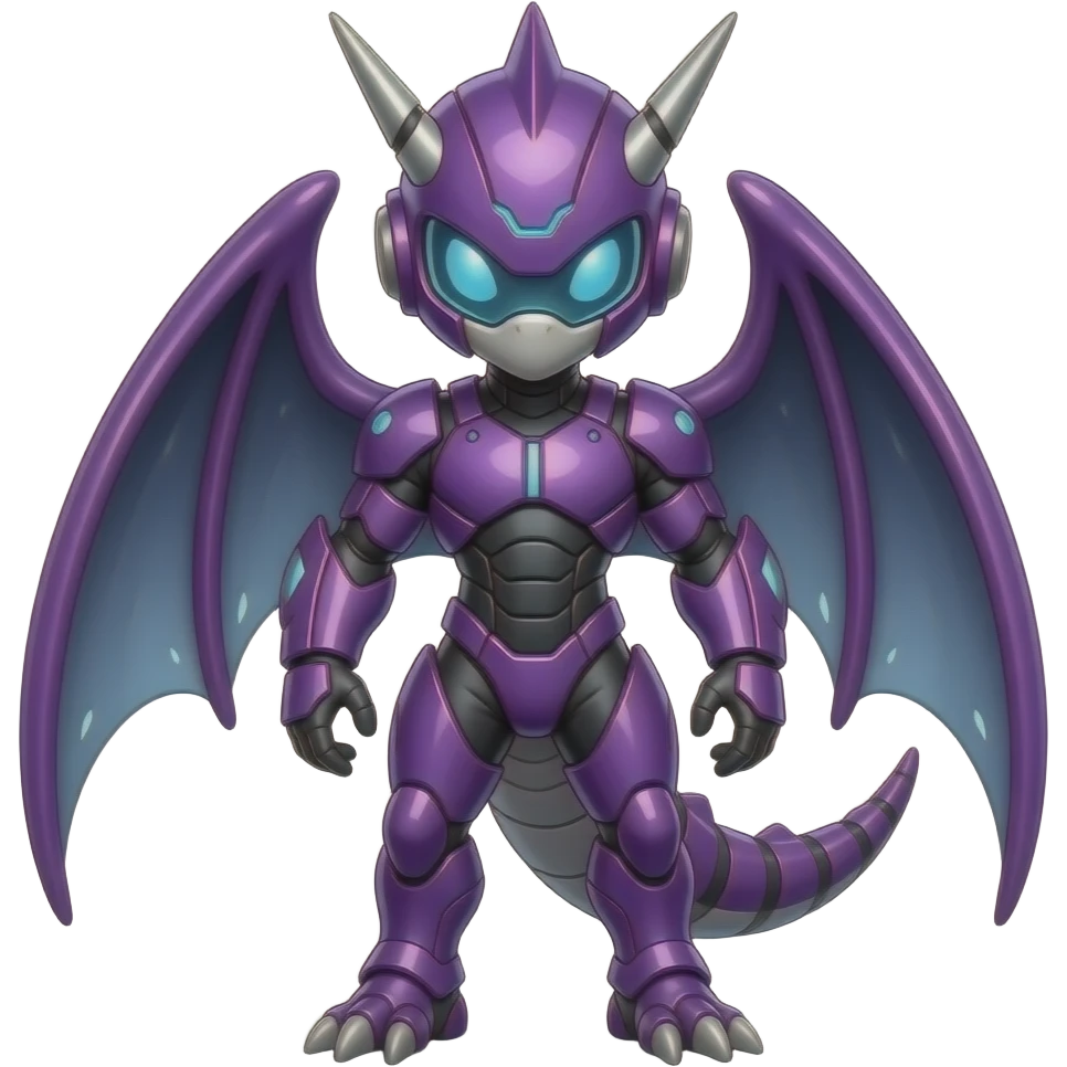 a shiny purple Genesect-Flygon-Raptor-Fakémon—hybrid with a futuristic visor-helmet full body emoji