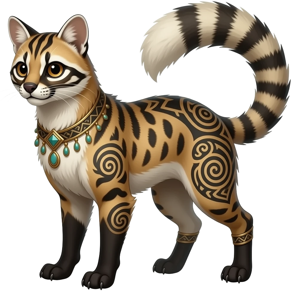 Tribal-patterned unique epic legendary vintage antique aesthetic quadrupedal elegant oriental feral painted Civet-Litten-Luxray-Sprigatito-Furret-Sylveon-animal-Fakémon-fusion-hybrid-creature emoji