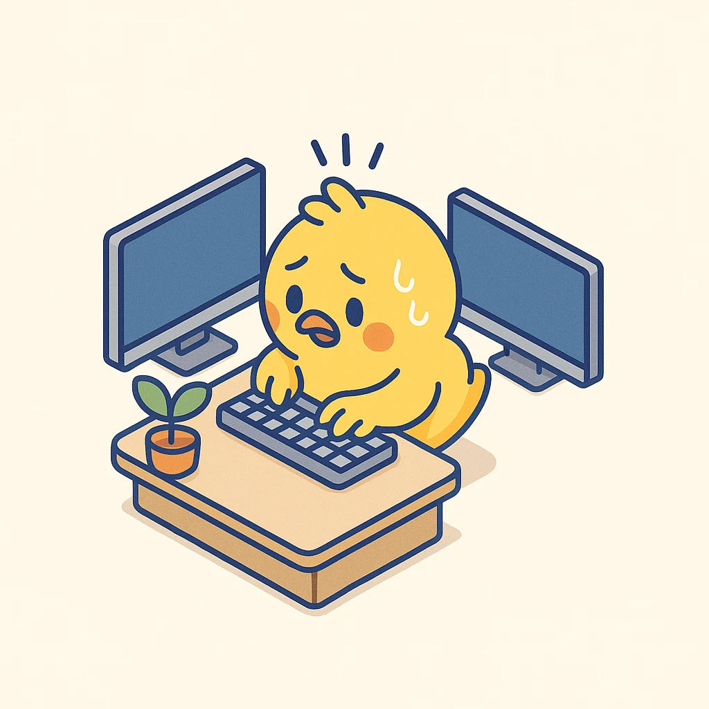 cute yellow chick sitting between two computer monitors, frantically typing on keyboard, looking busy and nervous, small plant on desk, simple 2D cartoon style, loop animation emoji