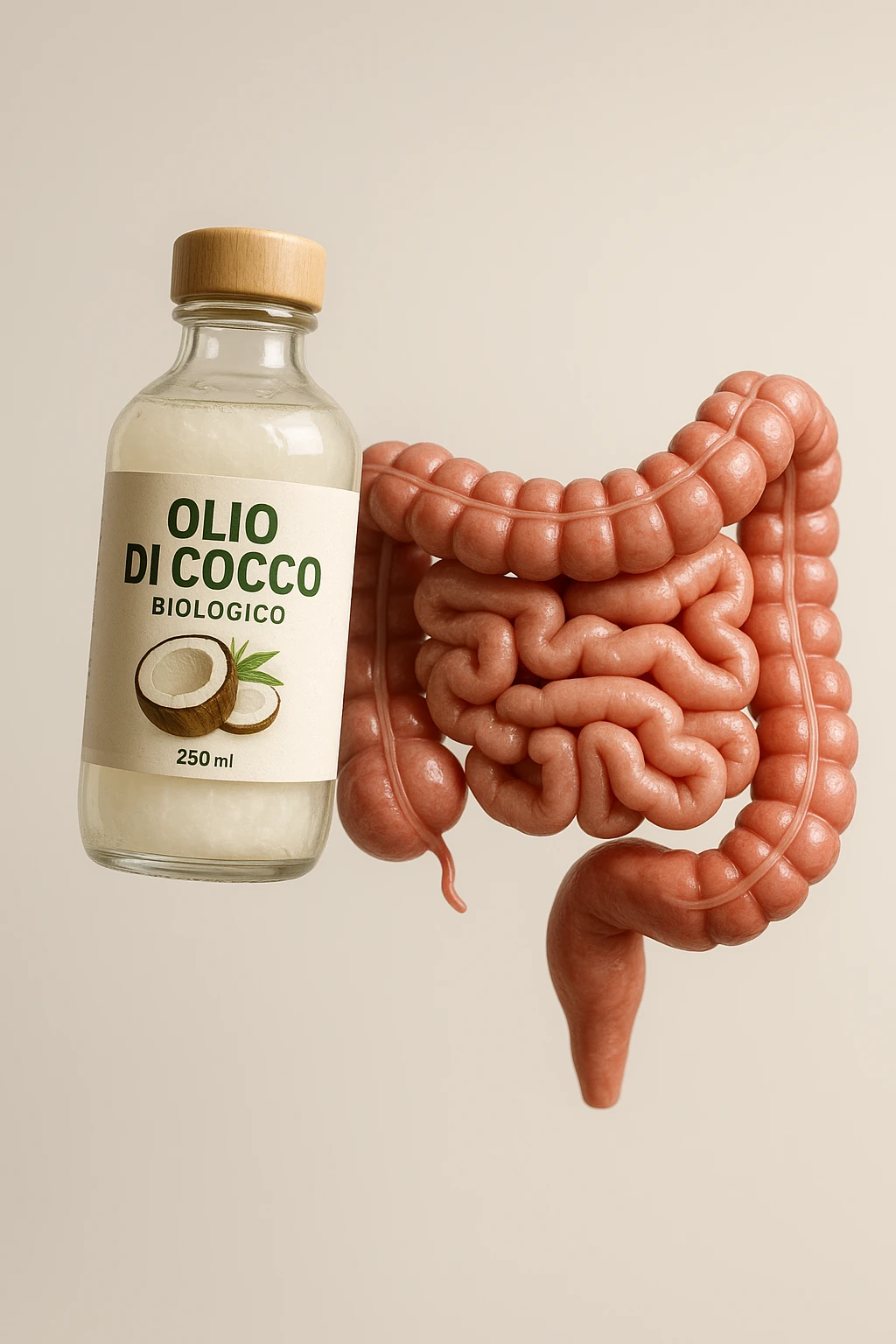 BOCCETTA DI OLIO DI COCCO BIOLOGICO (FAI UN ETICHETTA SUL PRODOTTO IN ITALIANO) CHE FLUTTUA IN ARIA INSIEME A UN INTESTINO UMANO ANATOMICO IN PERFETTA SALUTE, SFONDO CHIARO, iperrealistico 4k emoji