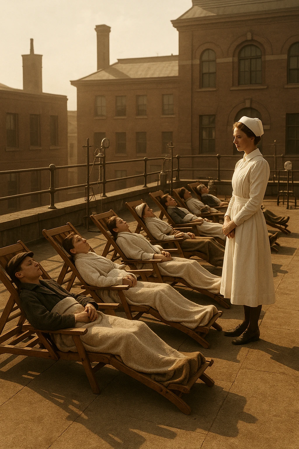 A realistic cinematic image of a hospital rooftop solarium from the 1900s, patients sunbathing under nurse supervision for heliotherapy against tuberculosis and rickets.” emoji