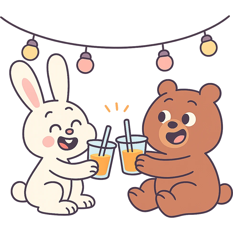 bunny and bear clinking juice cups under string lights, soft pastel colors, calArts 2010s cartoon style emoji