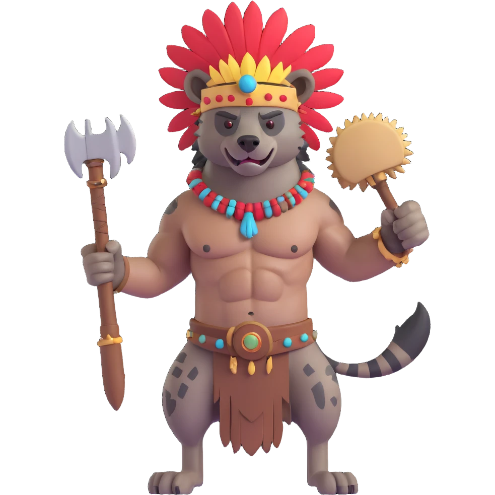 A native strong buff hyena with war bonnet flexing posing full body holding a chopped off human head by the hair  emoji