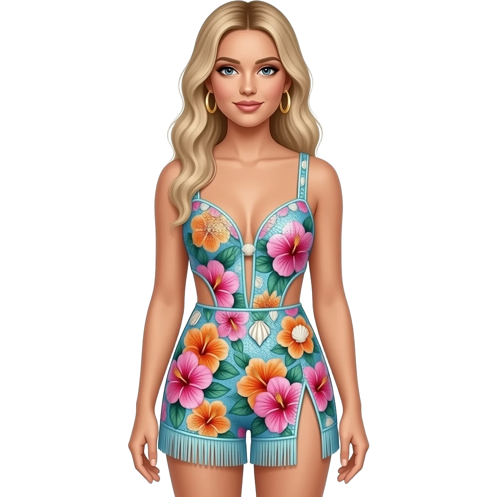 Zara Larson wearing a custom, tropical-inspired floral heavily sequined romper. It features vibrant pink, orange, and blue hibiscus patterns and seashells with a signature "cut-out" side detail and a fringed hem emoji