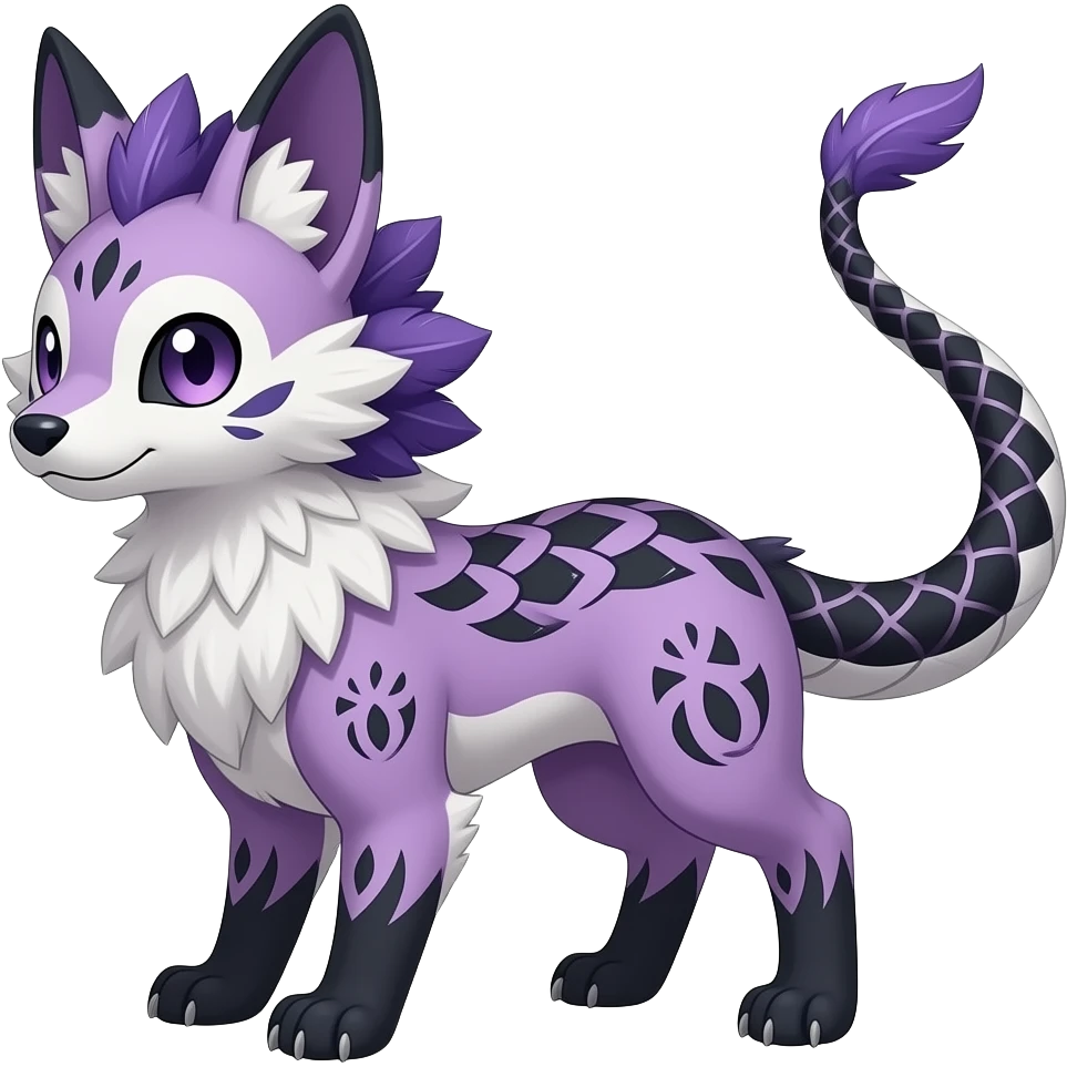 Furry, feather-maned fluffy tropical flecked painted feathery scaly, Purple, white, black, Minccino-Bambino-Lykoi-Linoone-Zangoose-fusion-hybrid-animal-Fakémon-creature, full body, thin long sleek scaly tail, intricate markings emoji