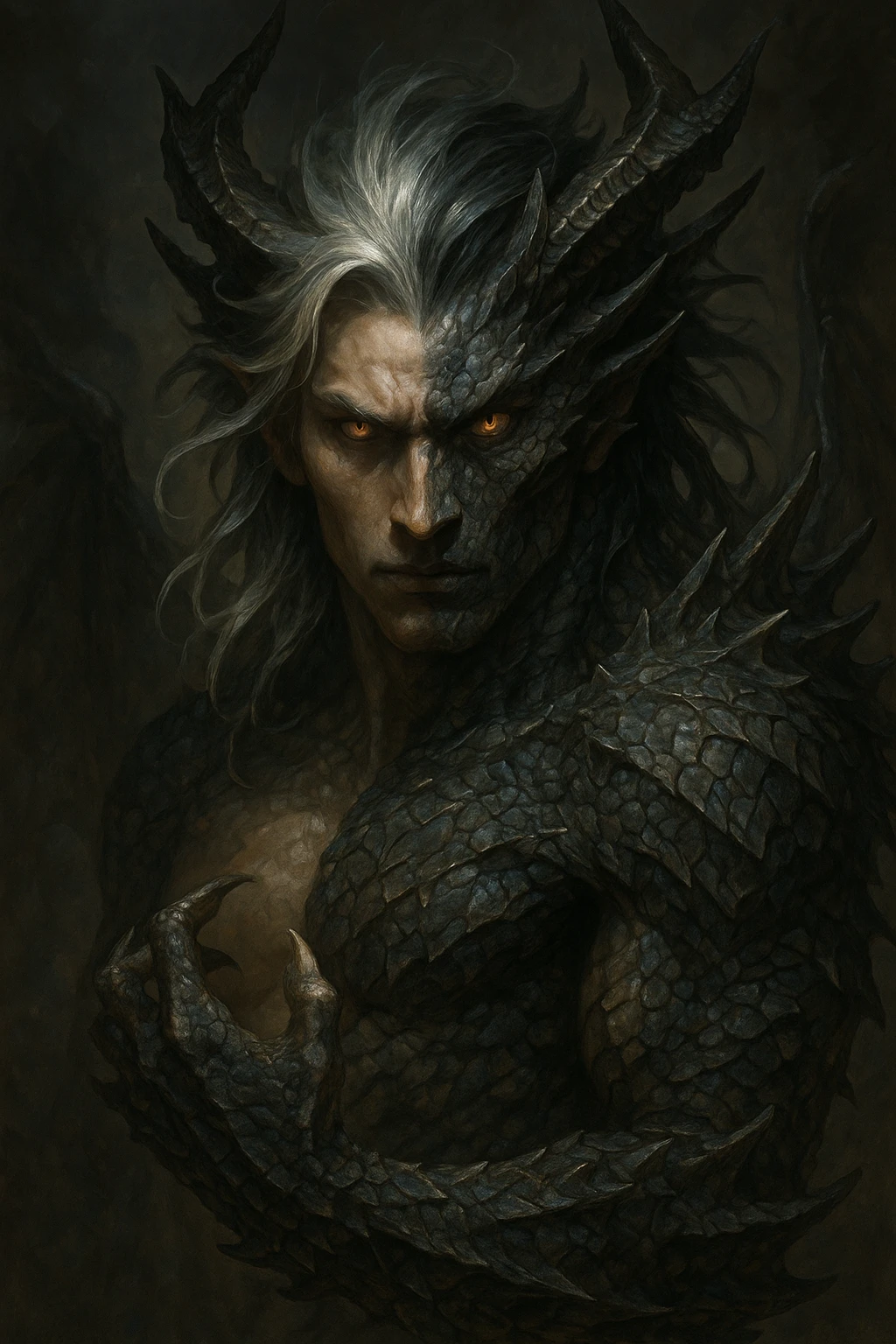 half human, half dragon, silver and black hair, fierce expression, fantasy style, detailed emoji