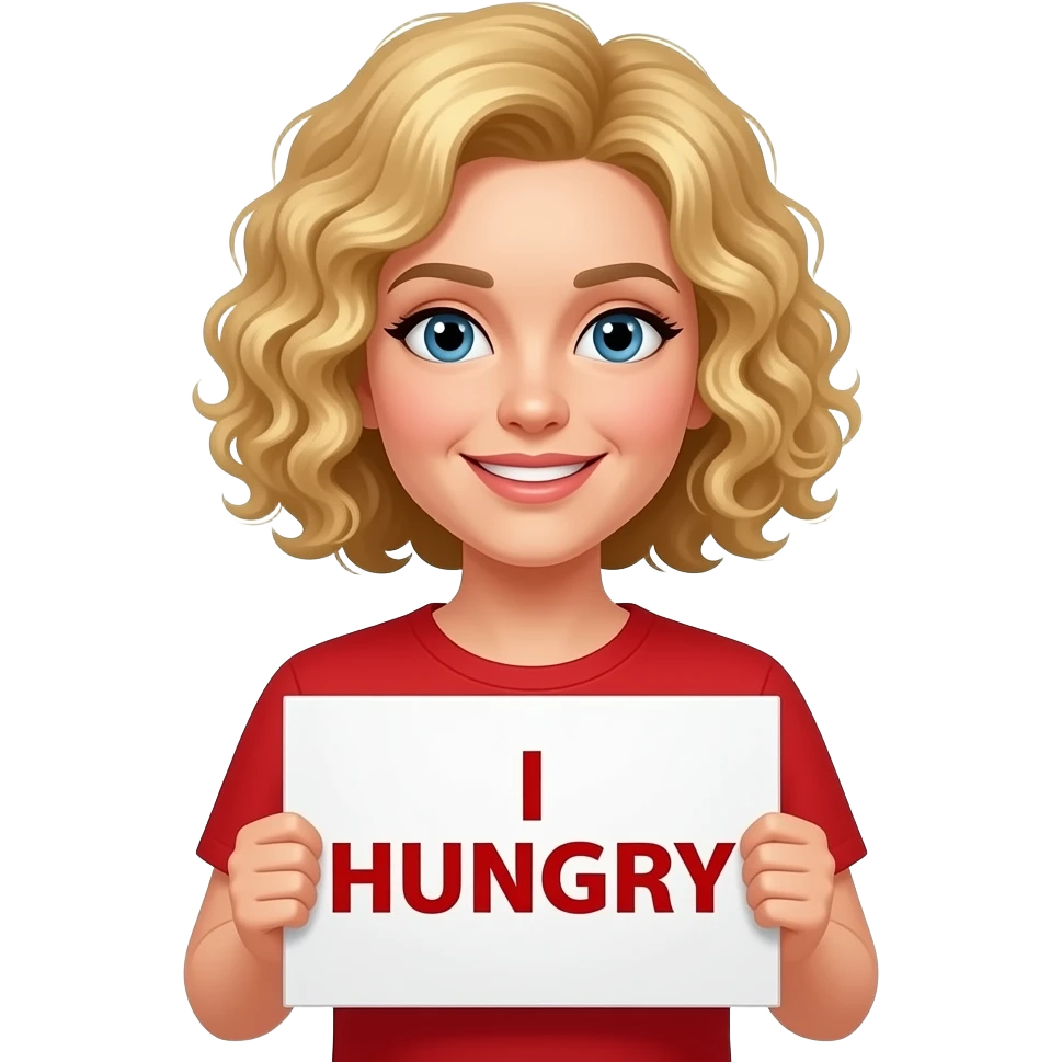 blonde tight curly bobr holding I hunger sign in a red shirt emoji