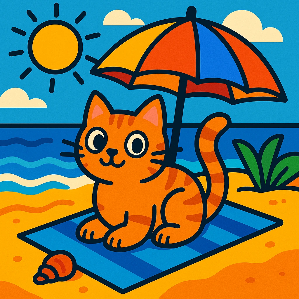 cat on a beach, vibrant cartoon style emoji