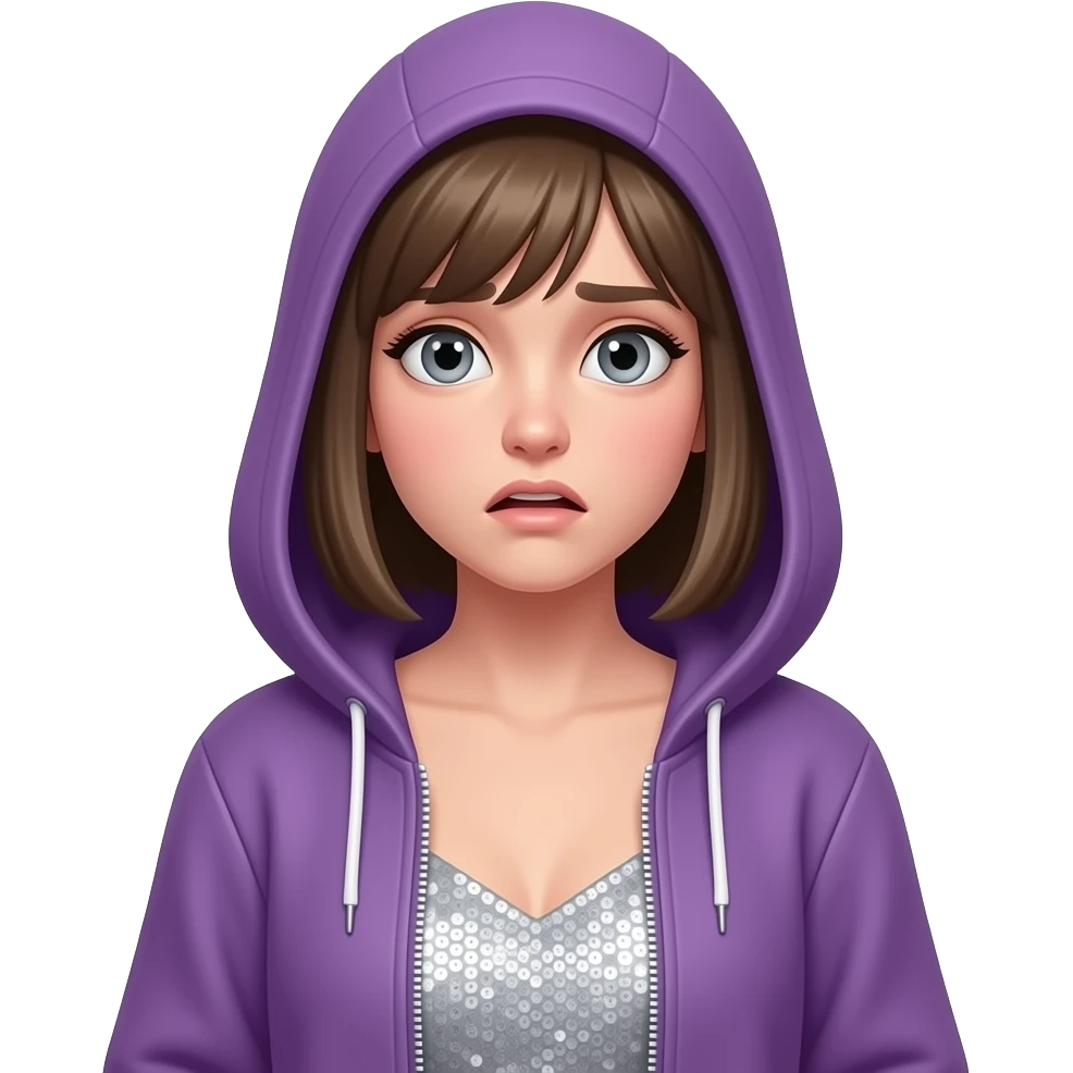 White girl with gray eyes, dark blonde (almost brown) chin-length straight hair, wearing a purple zip-up hoodie over a silver, finely-sequined silver dress that wraps around with no straps. Crucially, the hood is down. It is not covering her head. She is scared. emoji